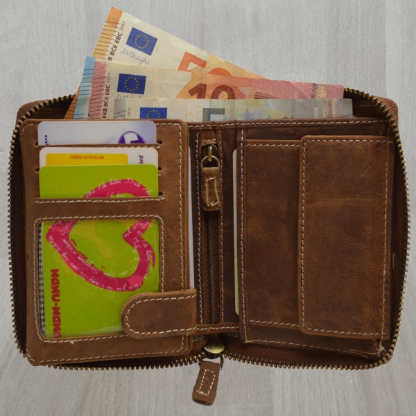 Echt Leder Herren Portemonnaie Vintage Design mit rundum Reißverschluss Geldbörse